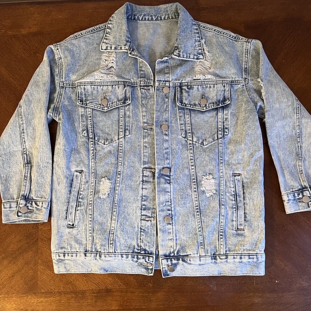 Long Length Distressed Acid Wash Light Denim Jean Jacket Drop Shoulder Sz Small